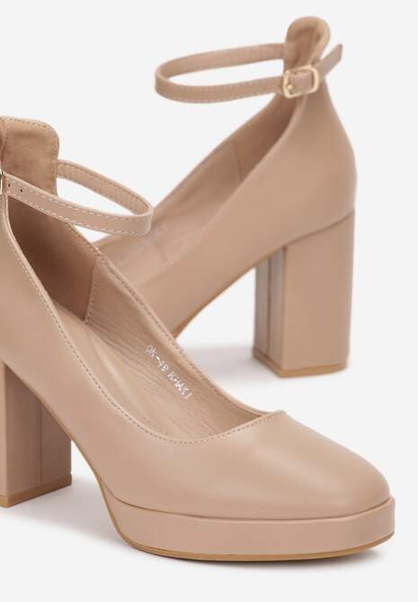 Ciemnobeżowe Jenolite Czółenka Zapinane wokół Kostki na Sprzączkę z Wysokim Słupkiem Rayisa