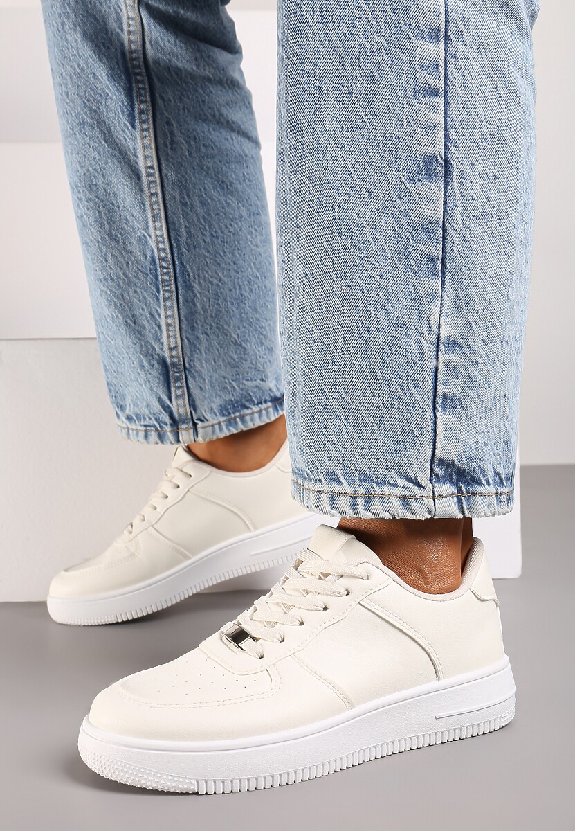 Beżowe Sznurowane Sneakersy Ozdobione Perforacją Ellemisa