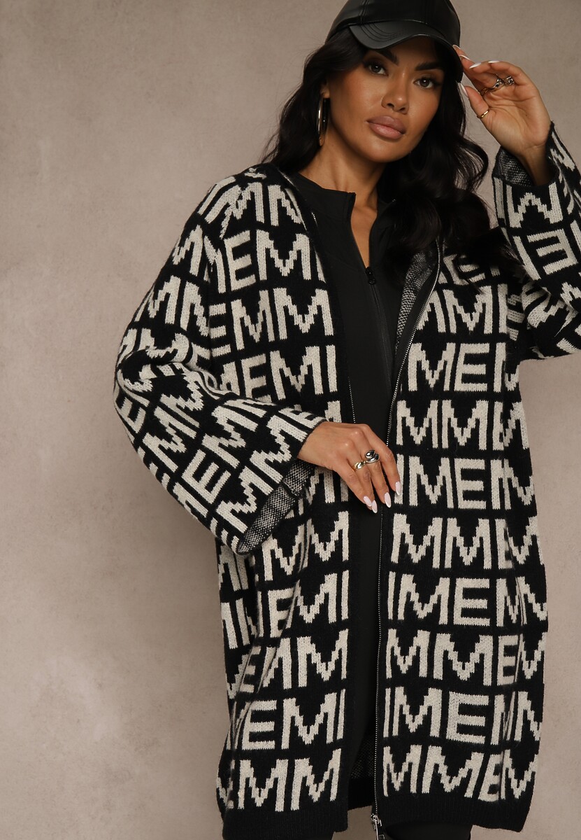 Czarno-Biały Kardigan na Suwak z Kapturem w Literowy Wzór Calitusa