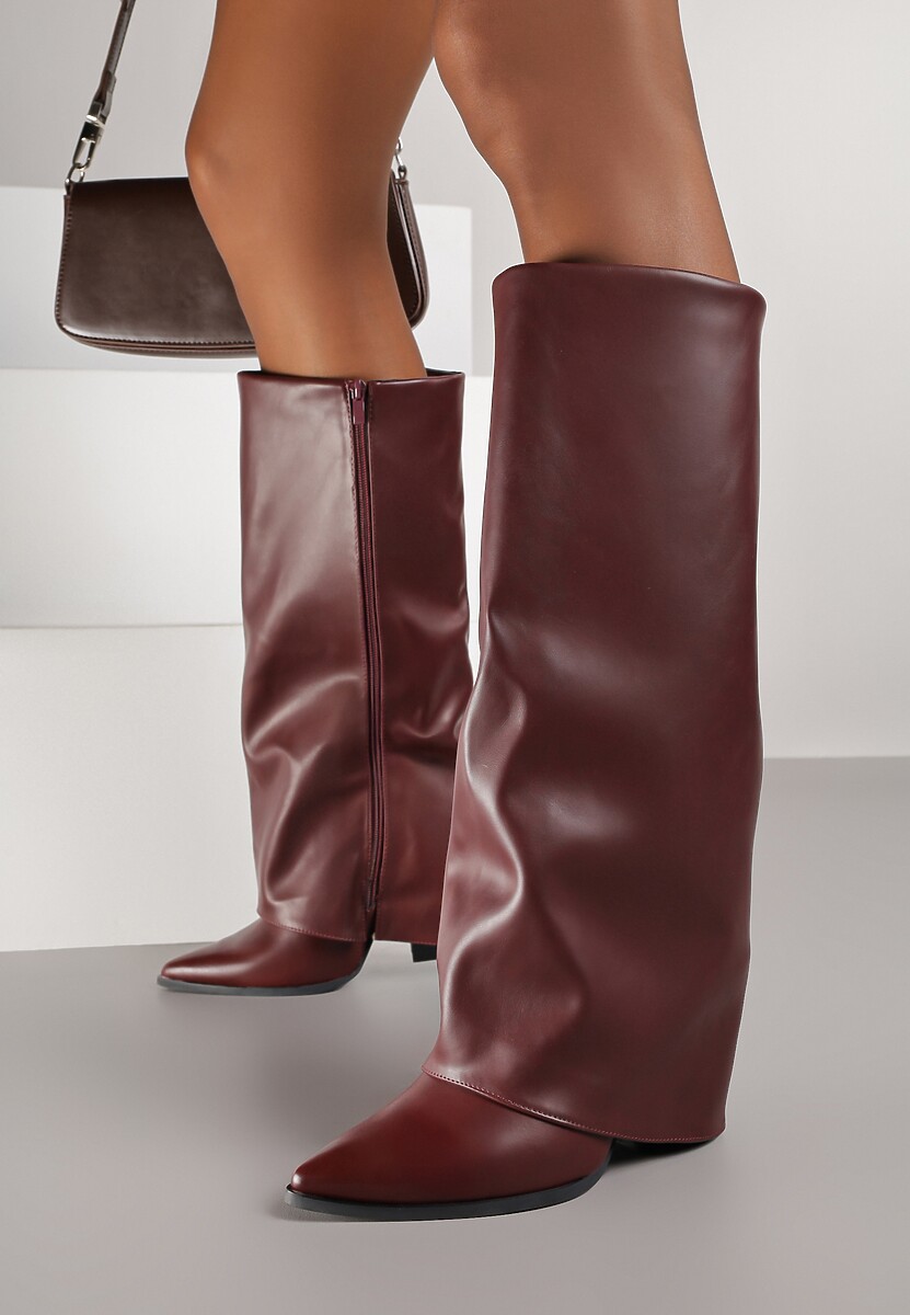 Bordowe Kozaki Kowbojki na Stożkowym Obcasie Ozdobione Wywiniętą Cholewką Nalunisa