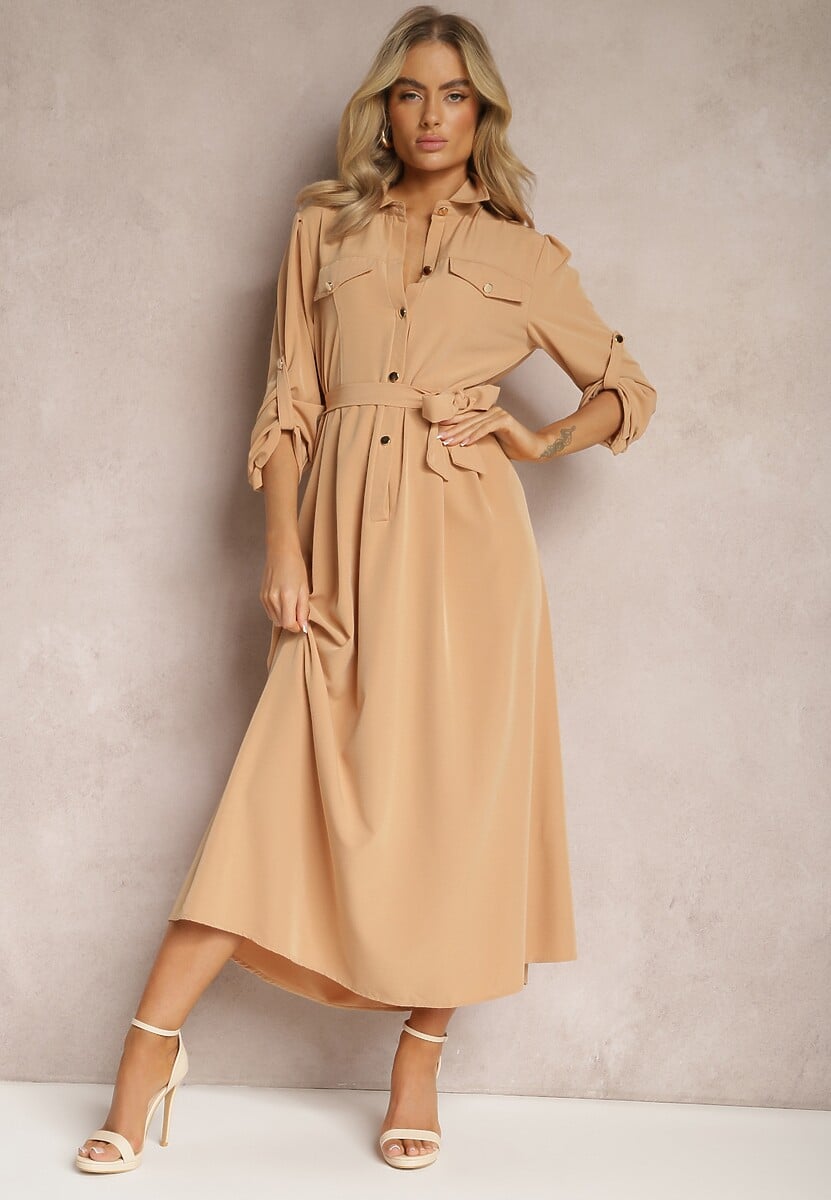 Beżowa Długa Sukienka z Rozkloszowanym Dołem i Koszulową Górą Kitesi