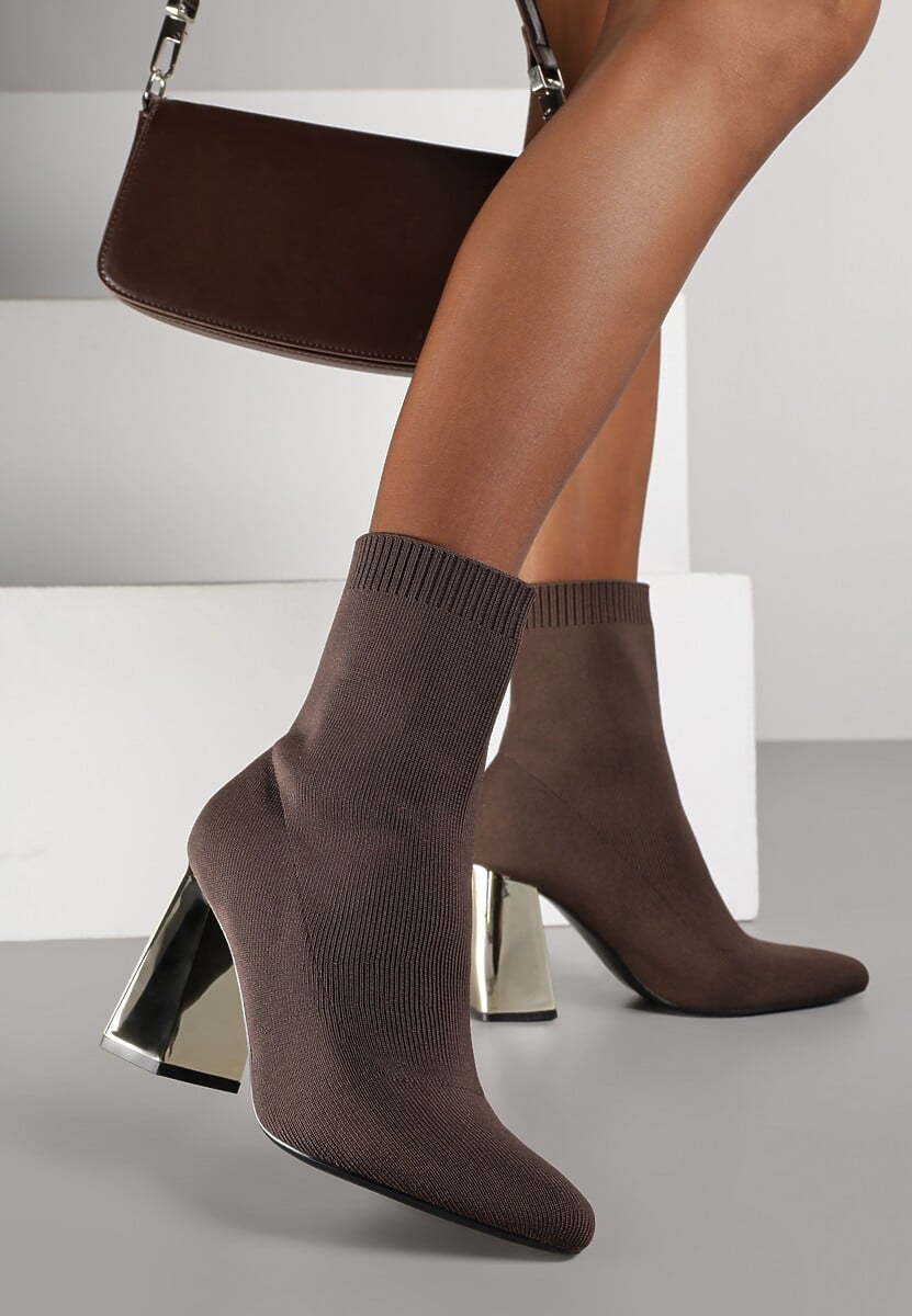 Brązowe Skarpetkowe Botki VICES na Słupku w Eleganckim Stylu Rarana