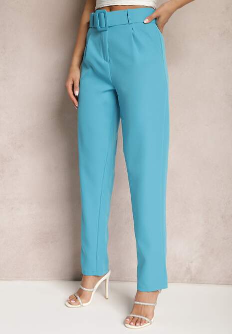 Niebieskie Spodnie Garniturowe High Waist z Paskiem Wenus