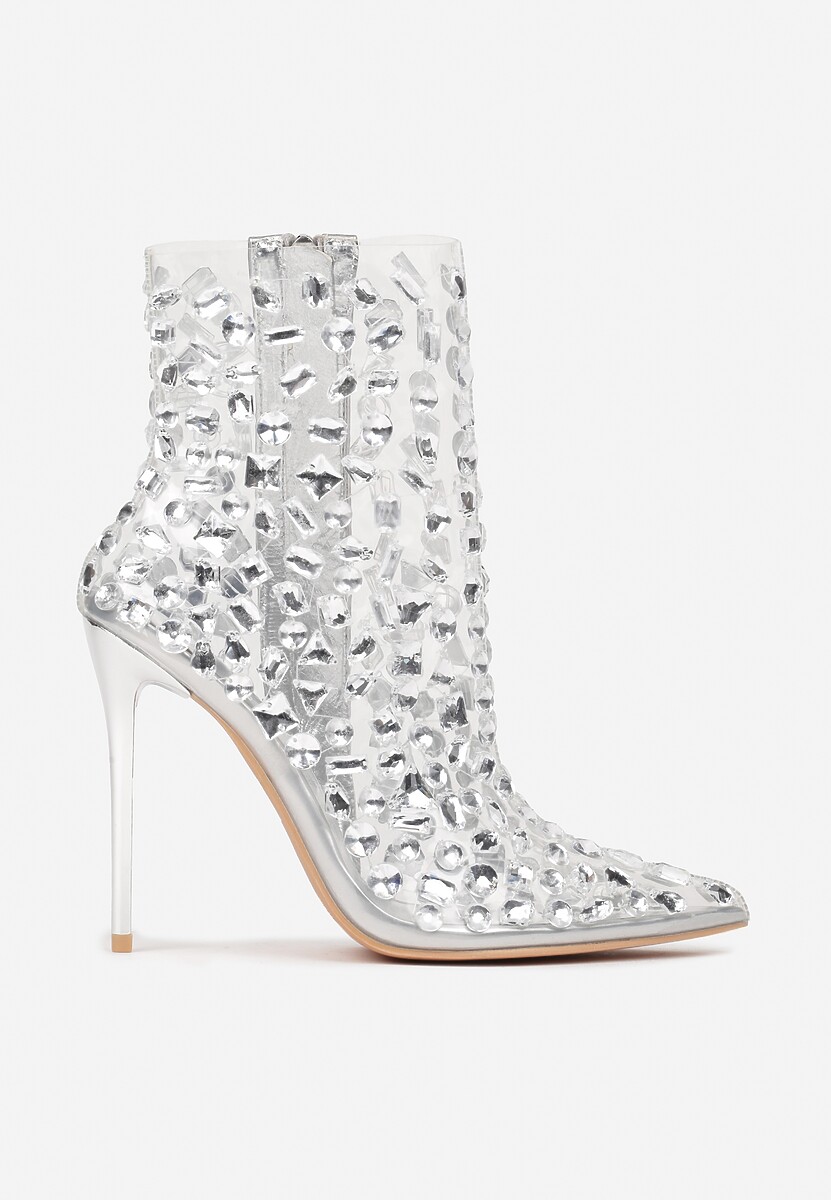 Beżowe Eleganckie Przezroczyste Botki na Szpilce z Kryształkami Ravista