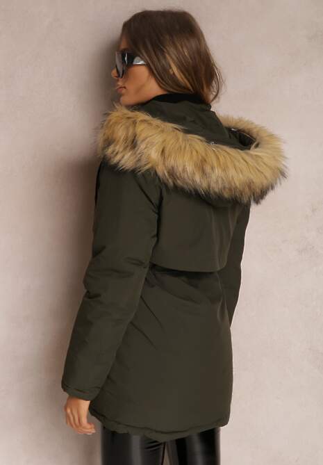 Ciemnozielona Kurtka Parka z Kapturem z Futerkiem Bimi
