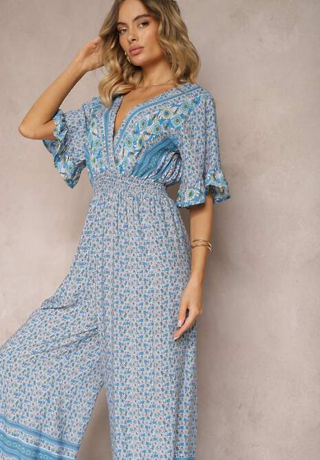 Niebieski Kopertowy Kombinezon Bawełniany z Cienkimi Gumeczkami w Pasie Zapinany na Szyi Orithiama