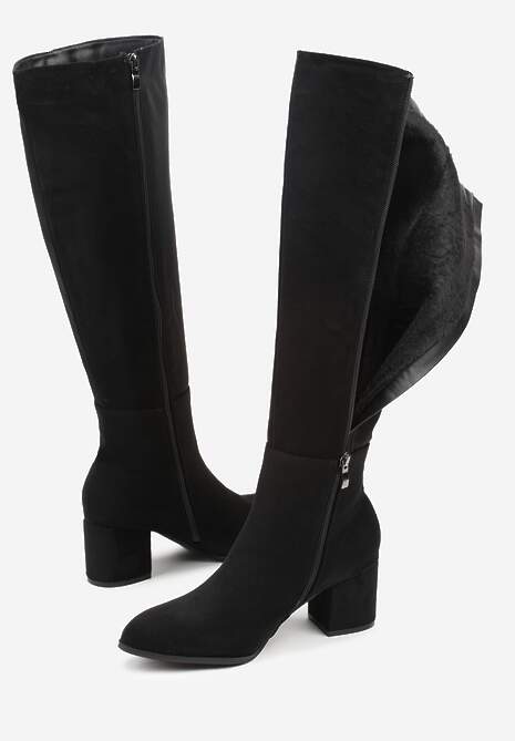 Czarne Kozaki Vices z Imitacji Zamszu na Niskim Obcasie Typu Słupek Ilovea