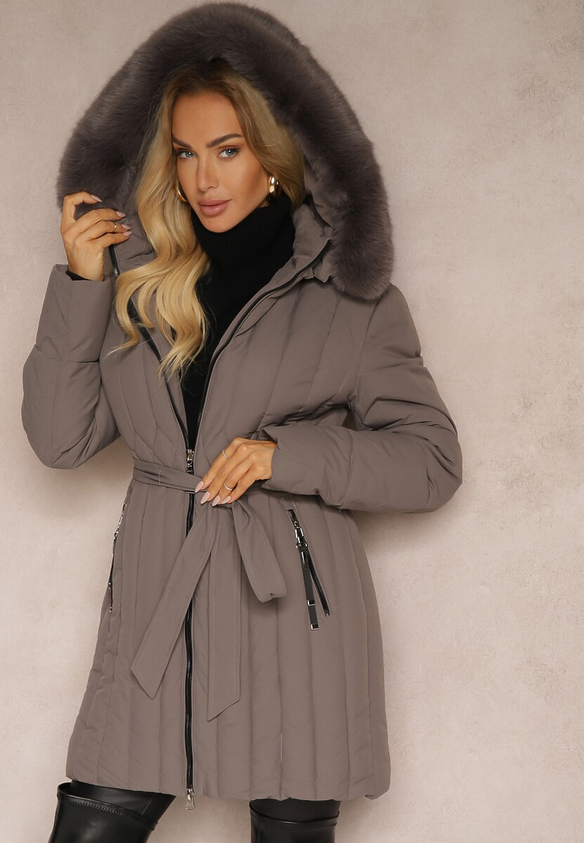 Ciemnoszara Pionowo Pikowana Kurtka z Kapturem z Futrzanym Wykończeniem i Wiązanym Paskiem Leozelle