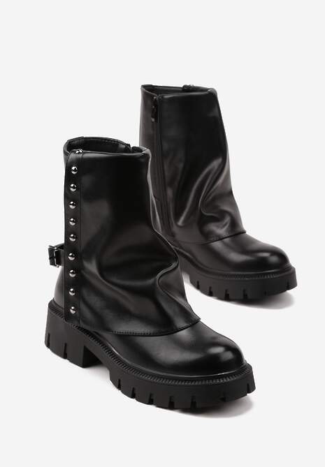 Czarne Botki Ozdobione Klamrą i Wywiniętą Cholewką Ansone