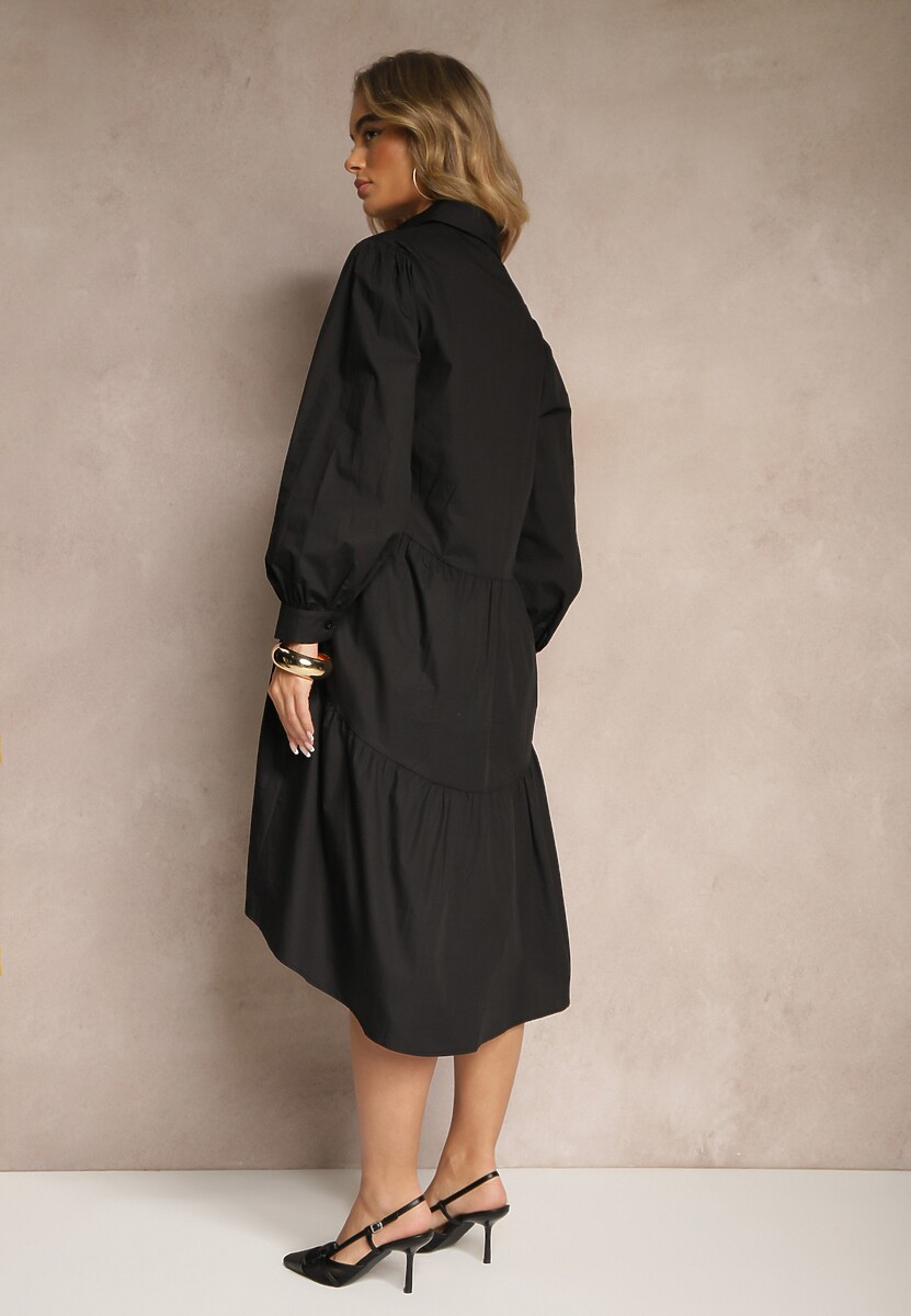 Czarna Rozkloszowana Sukienka Koszulowa z Bawełny Paniell