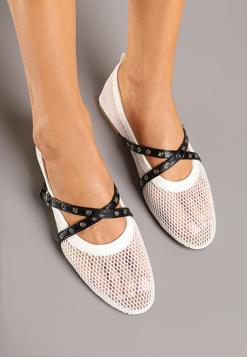 Białe Balerinki z Siateczki w Stylu Mary Jane z Podwójnym Paskiem Felritia