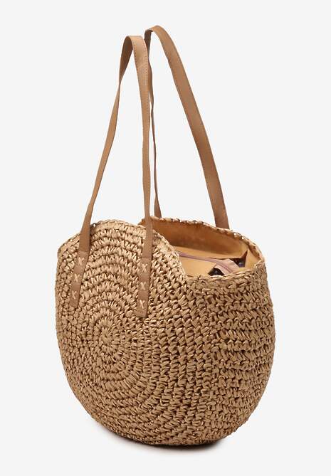 Ciemnobeżowa Okrągła Pleciona Torebka z Rączkami Zapinana na Zamek Błyskawiczny Brunia