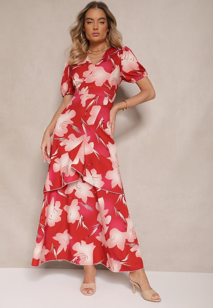Czerwona Kopertowa Sukienka z Kwiatowym Wzorem i Falbanką Tdivona