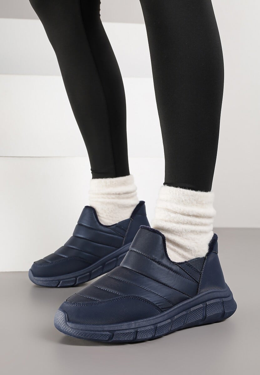 Granatowe Sneakersy Śniegowce na Platformie z Tłoczeniem i Pikowaną Cholewką Vermina