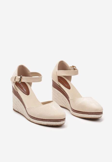 Beżowe Sandały na Plecionym Koturnie ze Sprzączką Catlinna