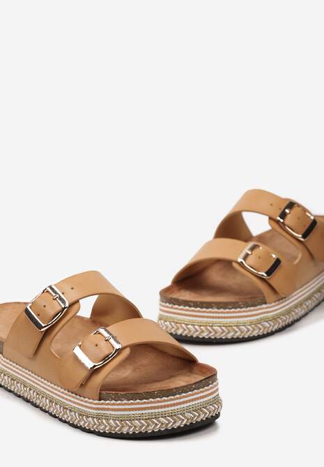 Ciemnobeżowe Klapki na Grubej Podeszwie w Paski z Regulowanymi Klamrami Ragissa