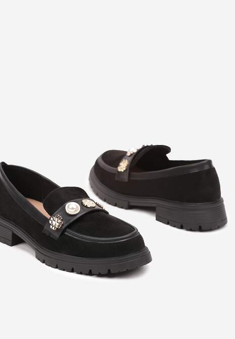 Czarne Mokasyny z Perełkami i Ozdobami Eladeo