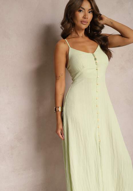 Zielona Taliowana Sukienka na Guziki na Ramiączkach z Regulacją Quafea