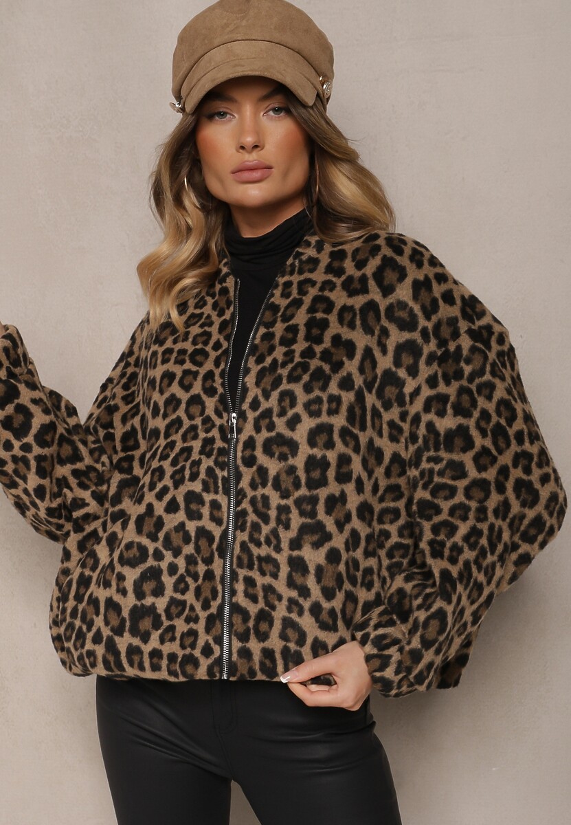 Brązowa Bluza z Lnem Oversize w Panterkę Tinnestira