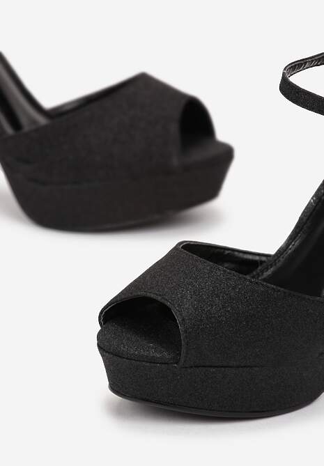 Czarne Brokatowe Sandały Peep Toe na Słupku i Platformie Doyo