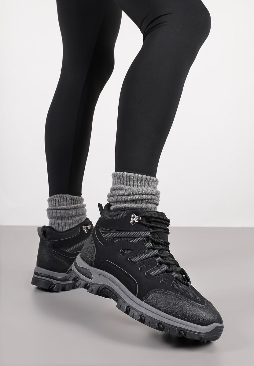 Czarne Buty Trekkingowe Traperki Vices ze Sznurowaną Cholewką Afellie