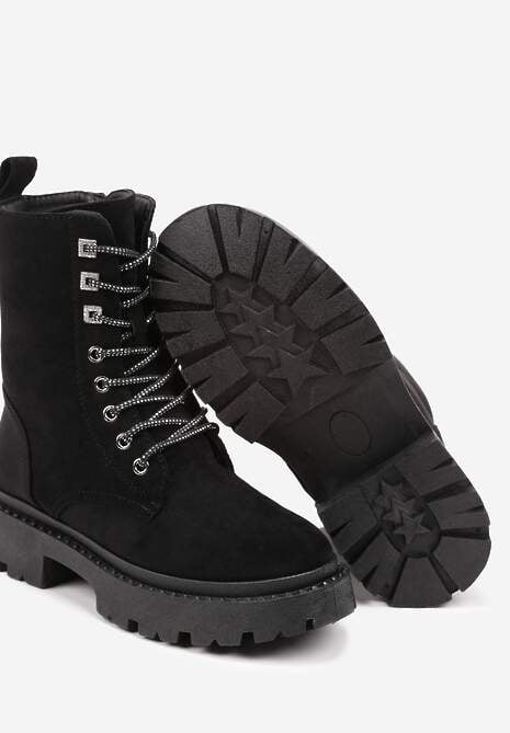 Czarne Botki Workery z Ekozamszu na Płaskiej Podeszwie Wykończone Cyrkoniami Lerissna