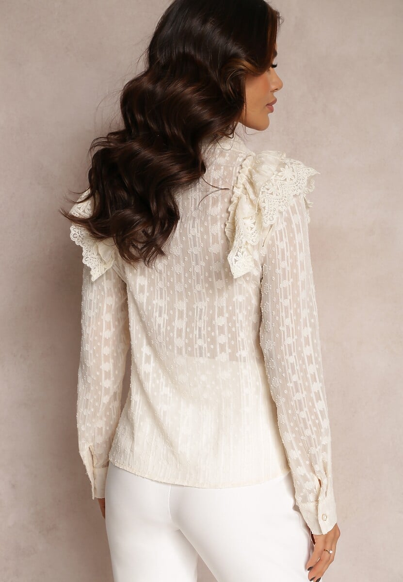 Beżowa Metaliczna Koszula na Guziki z Falbanką Ettawel