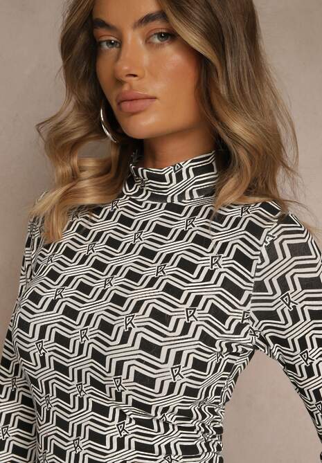 Biało-Czarna Bluzka Longsleeve z Golfem z Bawełny w Geometryczny Print Zadanevia