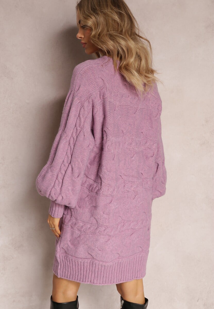 Ciemnofioletowy Długi Sweter Oversize z Wypukłym Splotem All Over Somet