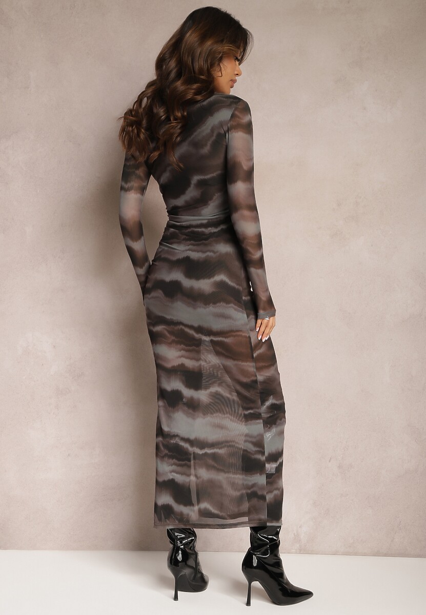 Czarno-Zielona Siateczkowa Sukienka w Marmurkowy Wzór o Dopasowanym Kroju Rockes