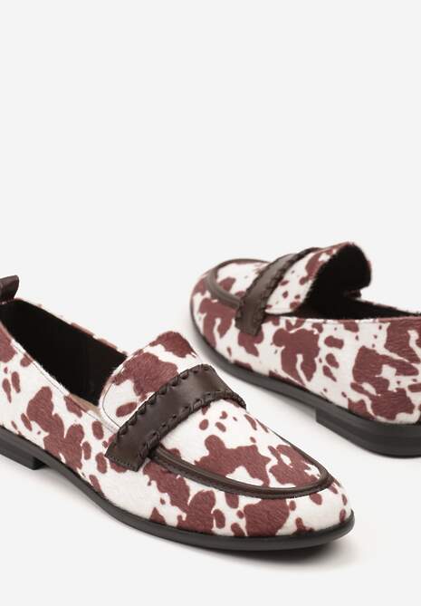 Brązowe Mokasyny w Krowie Łaty Vices z Wkładką ze Skóry Naturalnej i Paskiem z Przeszyciami Fonarrie