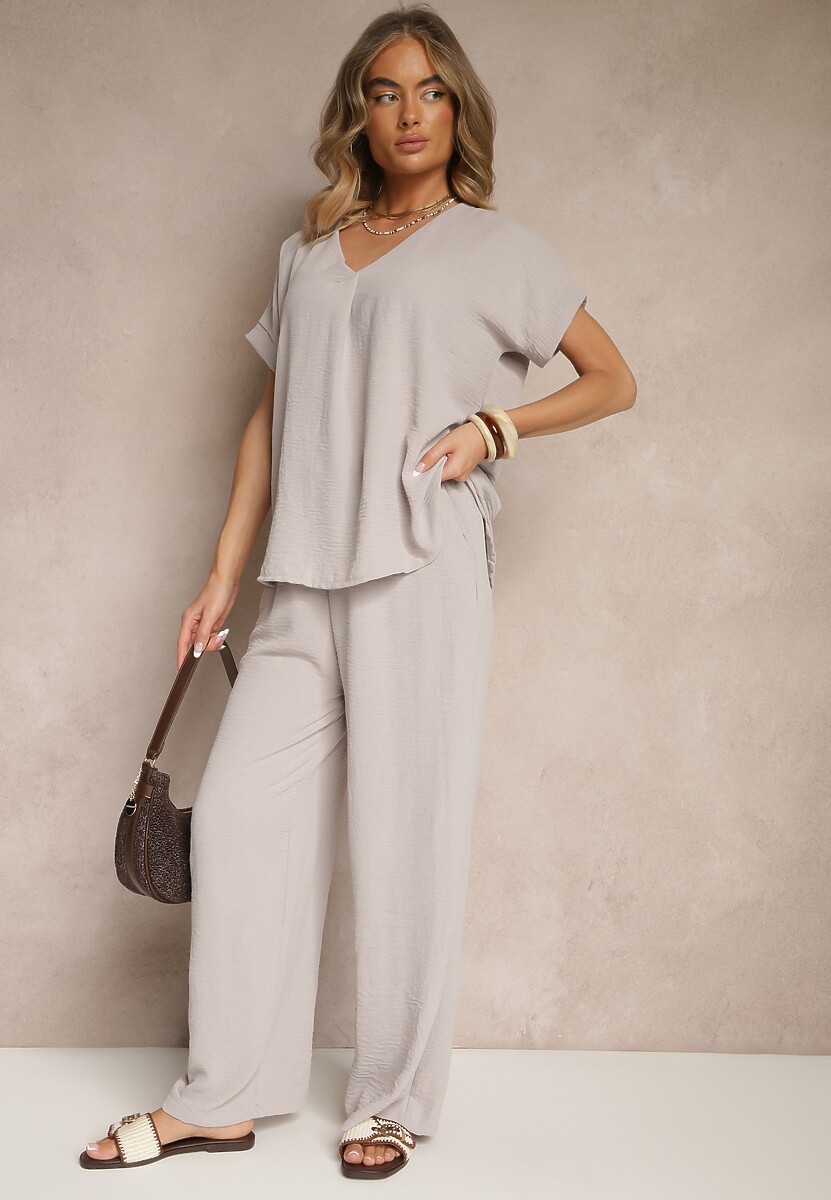 Jasnoszary Komplet Bluzka i Luźne Spodnie z Wiskozą i Kieszonkami Efraria