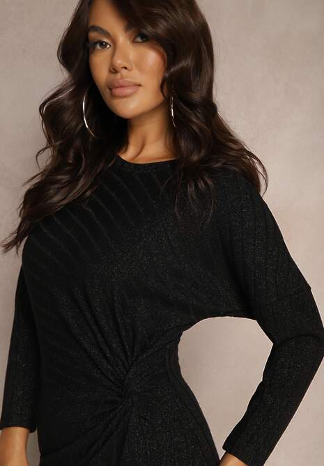 Czarna Sukienka z Wiskozą Metaliczną Nicią i Asymetrycznym Węzłem Elloritia