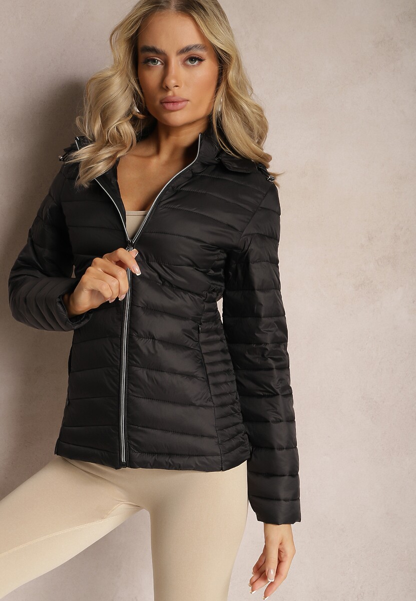 Czarna Kurtka z Poziomym Pikowaniem z Kapturem Onelis