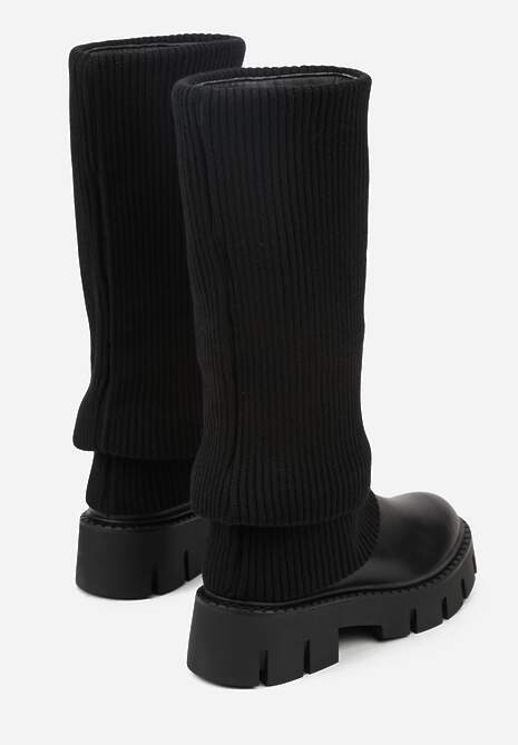 Czarne Kozaki Chunky z Dzianinową Cholewką Imitującą Nogawkę Fenema