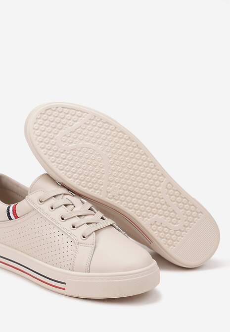 Beżowe Skórzane Sneakersy na Płaskiej Podeszwie ze Skórzaną Wkładką i Perforacją Galiwa