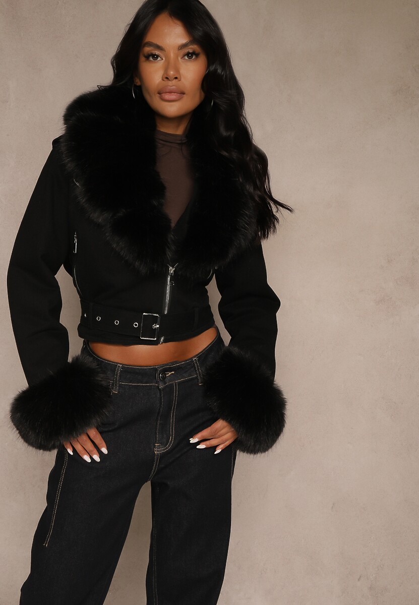 Brązowa Kurtka o Kroju Ramoneski z Ociepleniem Zdobiona Futrem Mevindana