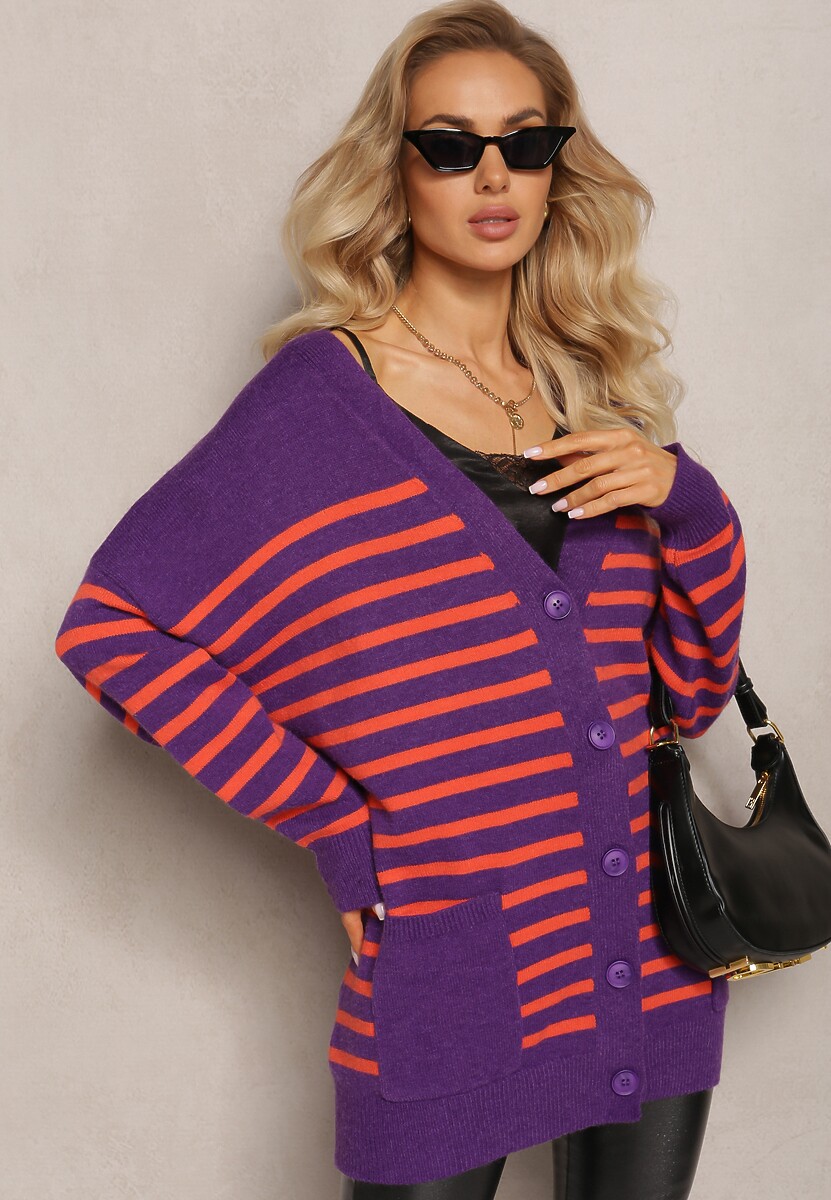 Fioletowy Kardigan w Paski o Wydłużonym Fasonie z Dekoltem V Zapinany na Guziki Ravime