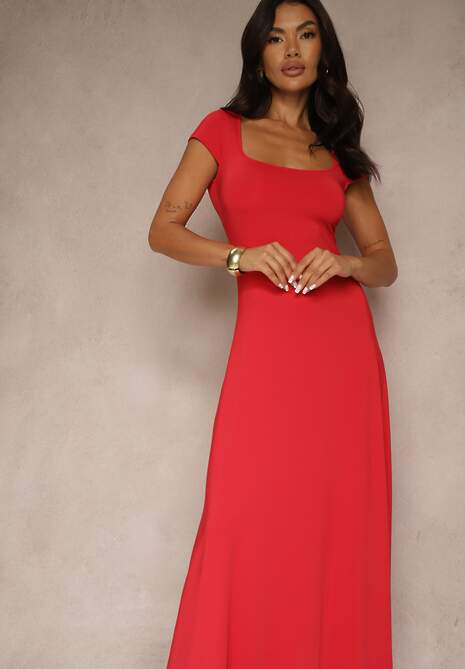 Czerwona Rozkloszowana Sukienka z Wiskozą z Kwadratowym Dekoltem Nalorina