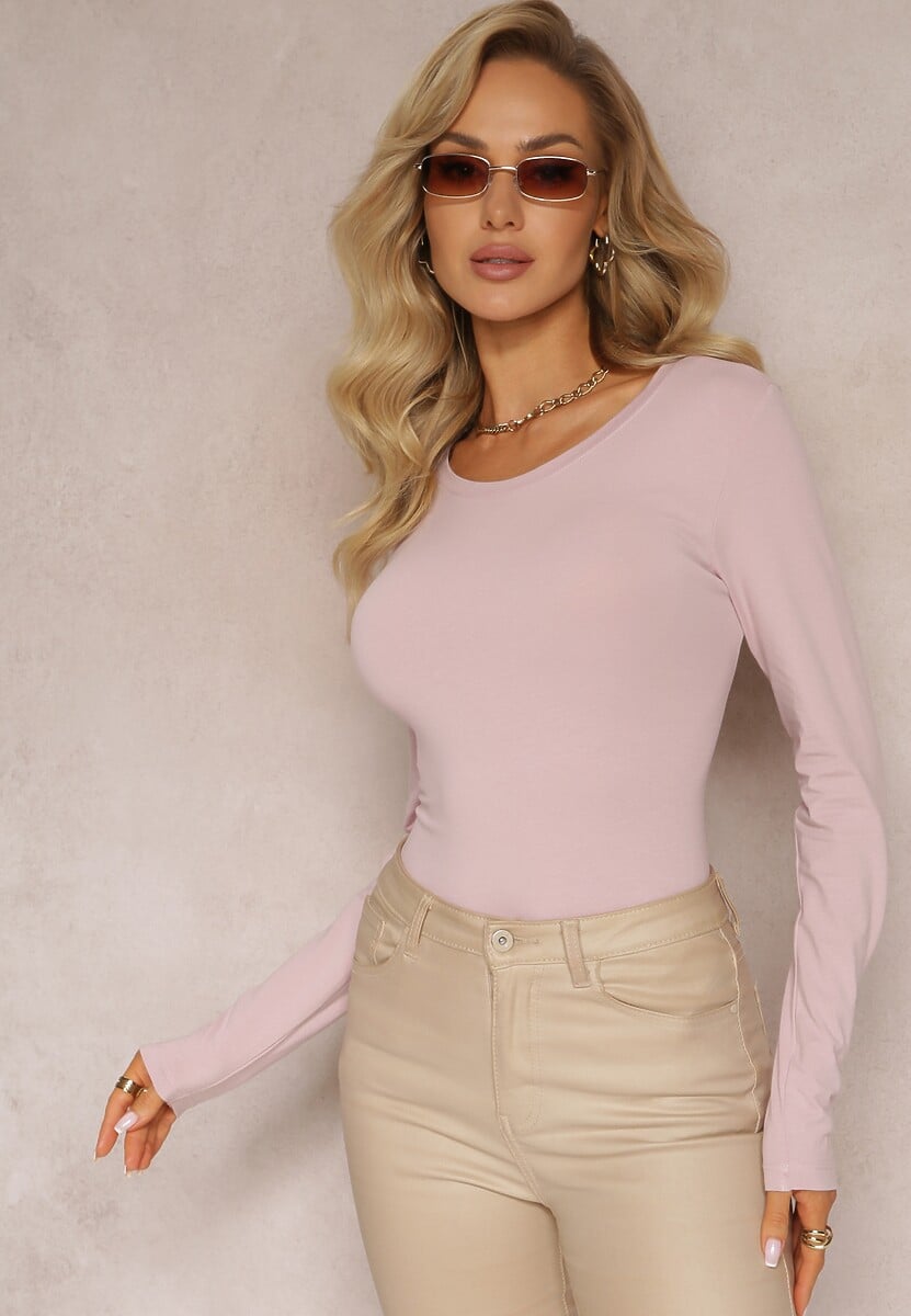 Ciemnobeżowa Bluzka z Elastycznej Bawełny o Dopasowanym Kroju Evas