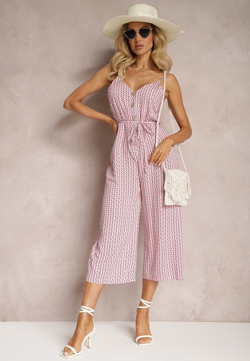 Jasnoróżowy Kombinezon o Długości 3/4 z Paskiem w Geometryczny Wzór Ventoria