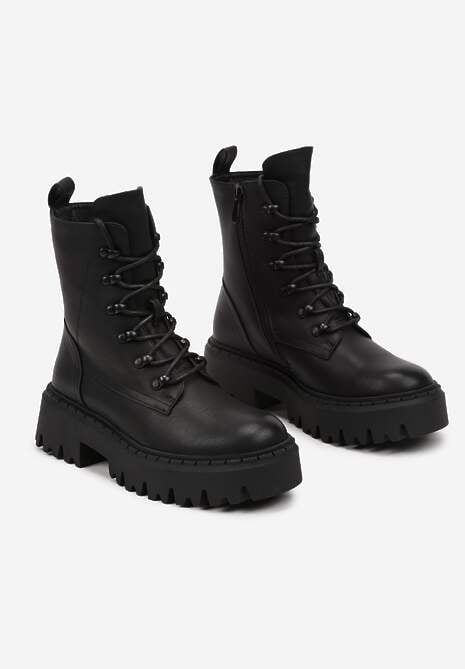 Czarne Sznurowane Botki Typu Worker na Masywnej Podeszwie Veranda