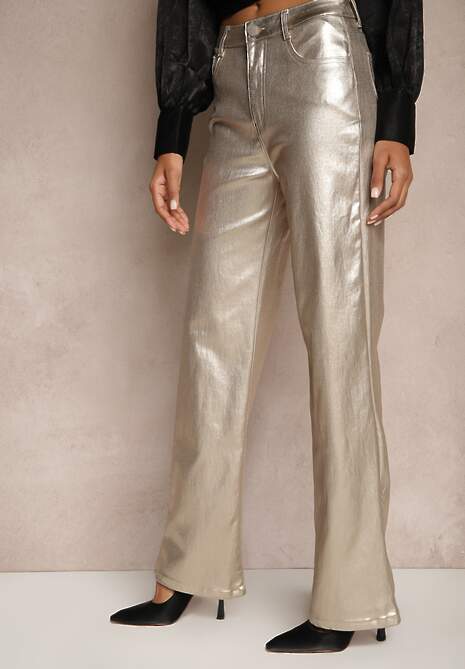 Złote Szerokie Spodnie Metaliczne High Waist z Ekoskóry Tranise
