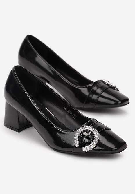 Czarne Lakierowane Czółenka z Kwadratowym Noskiem i Sprzączką z Cyrkonii Hikona