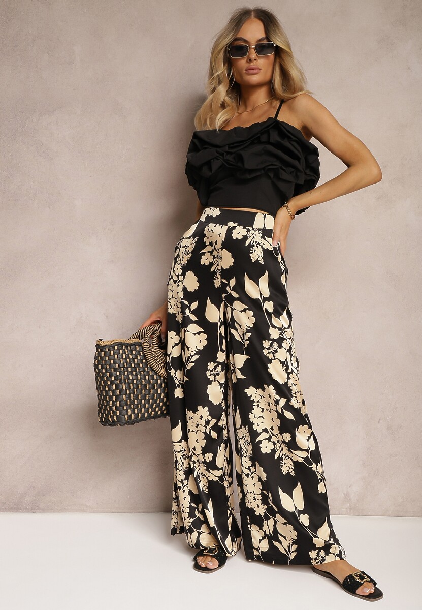 Czarno-Beżowe Szerokie Spodnie Palazzo z Gumką w Talii i High Waist Dimianna