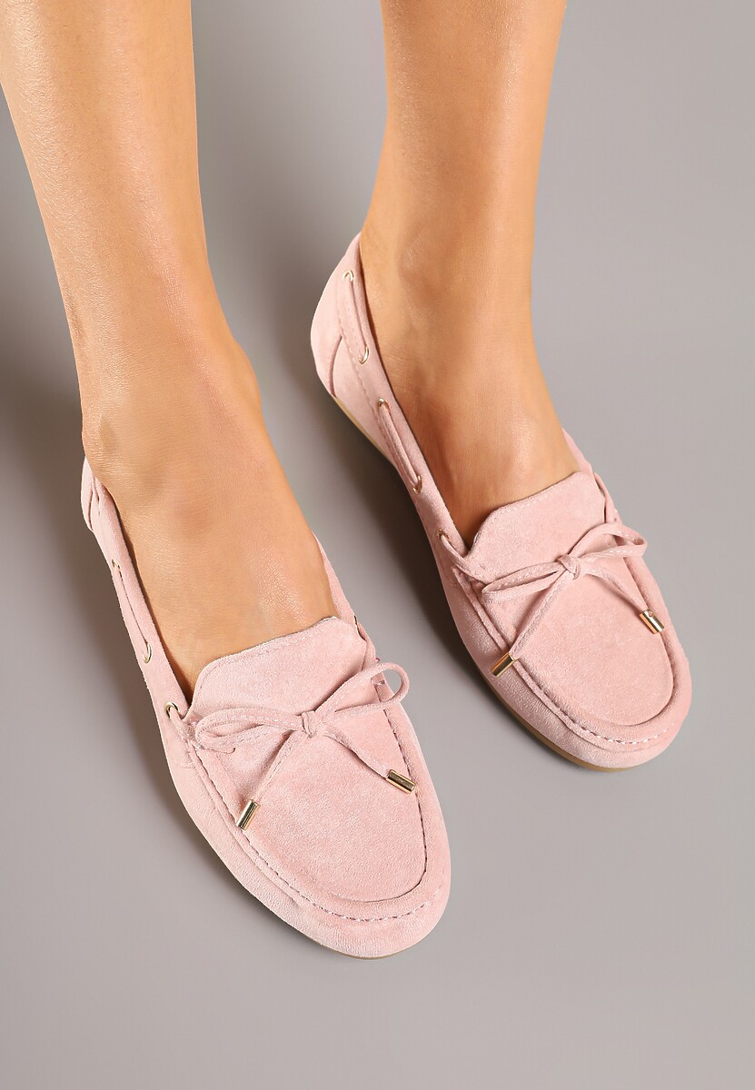 Różowe Mokasyny z Ekozamszu Zdobione Wiązaniem z Kokardą Sonilora