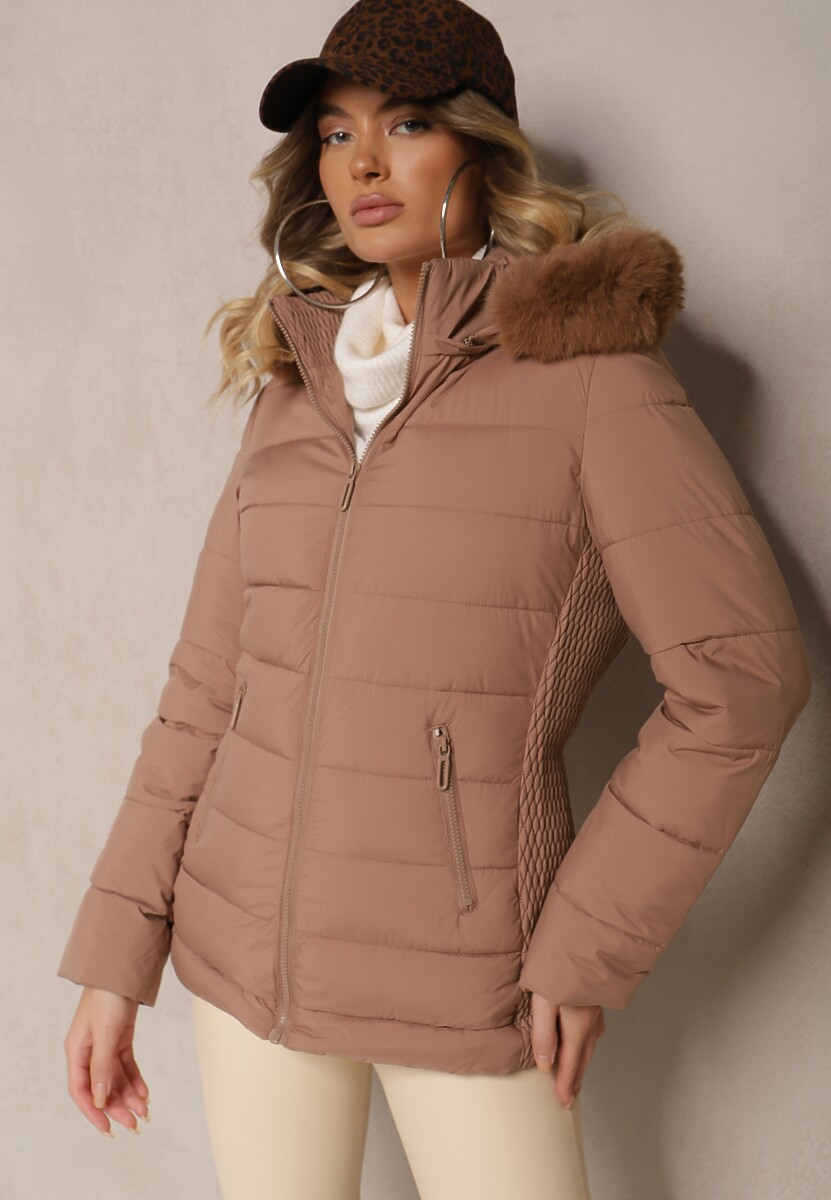 Brązowa Taliowana Kurtka z Pikowanymi Przeszyciami z Kapturem z Futerkiem Loretina