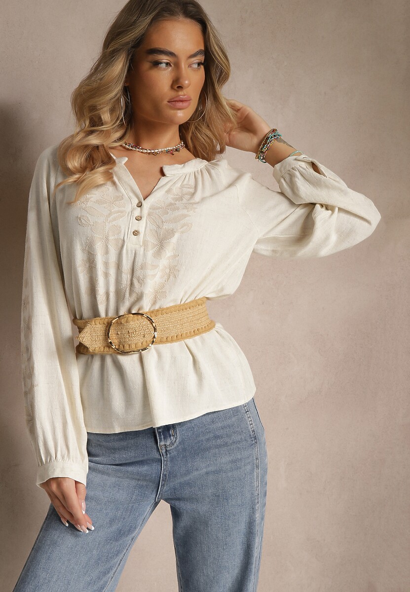 Beżowa Bluzka z Wiskozą i Lnem z Ozdobnym Haftem Isariel