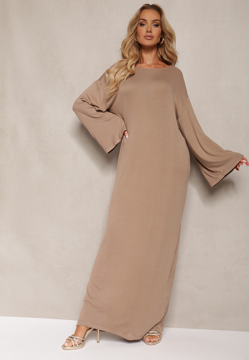 Ciemnobeżowa Pudełkowa Sukienka z Wiskozy z Długim Rękawem Nestaira