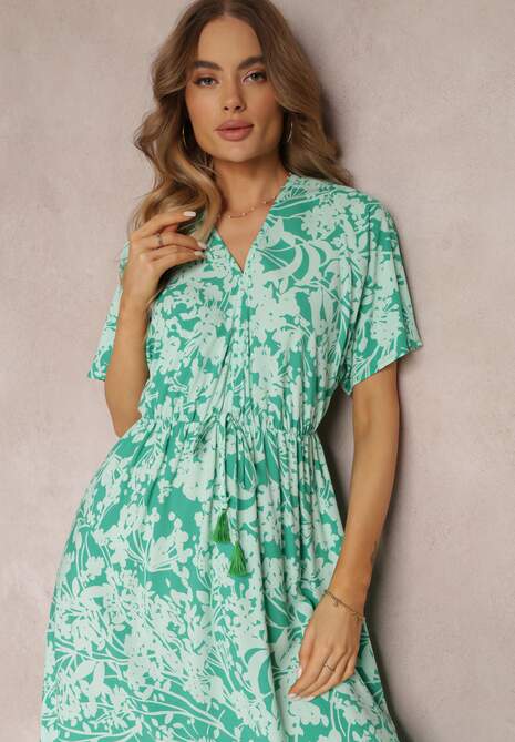 Miętowo-Zielona Rozkloszowana Sukienka w Kwiaty z Falbaną Humina